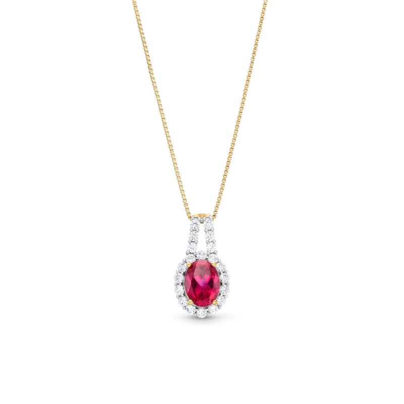 Main Image 1 of Oval Lab-Created Ruby and White Lab-Created Sapphire Frame Split Bail Pendant in Sterling Silver with 14K Gold Plate