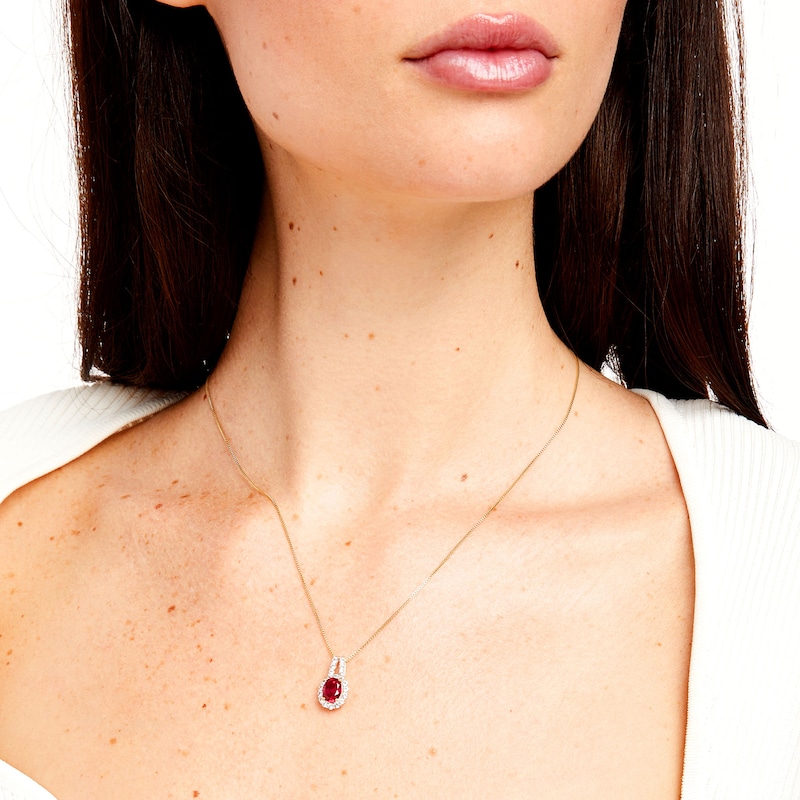Main Image 2 of Oval Lab-Created Ruby and White Lab-Created Sapphire Frame Split Bail Pendant in Sterling Silver with 14K Gold Plate