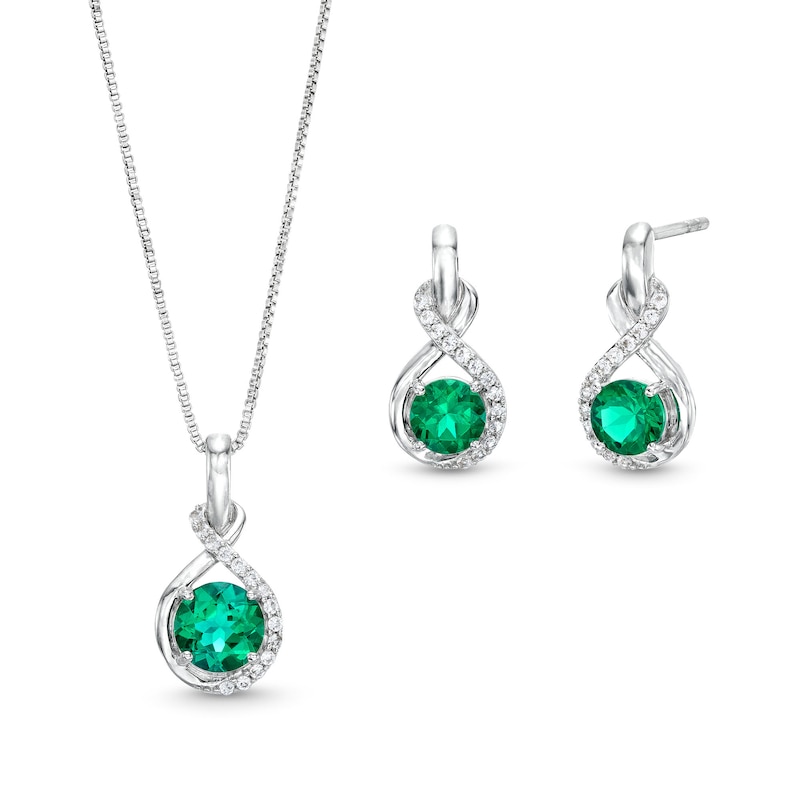 Main Image 1 of Lab-Created Emerald and White Lab-Created Sapphire Infinity Pendant, Drop Earrings and Bracelet Set in Sterling Silver