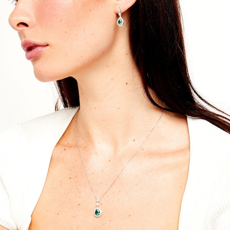 Main Image 2 of Pear Lab-Created Emerald and White Lab-Created Sapphire Vintage-Style Pendant and Drop Earrings Set in Sterling Silver
