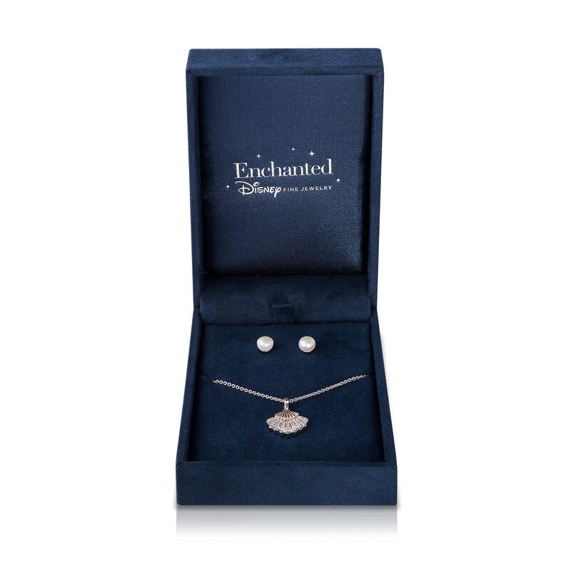 Main Image 1 of Enchanted Disney Ariel Freshwater Cultured Pearl Stud Earrings and Diamond Seashell Pendant in Sterling Silver