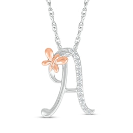 1/20 CT. T.W. Diamond Cursive "A" with Butterfly Pendant in Sterling Silver and 10K Rose Gold