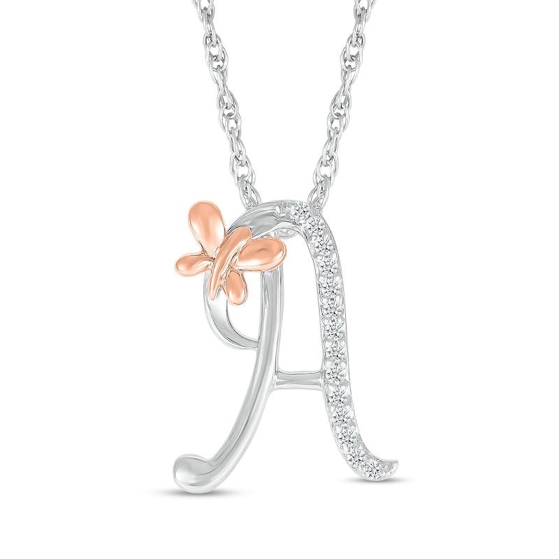 Main Image 1 of 1/20 CT. T.W. Diamond Cursive "A" with Butterfly Pendant in Sterling Silver and 10K Rose Gold