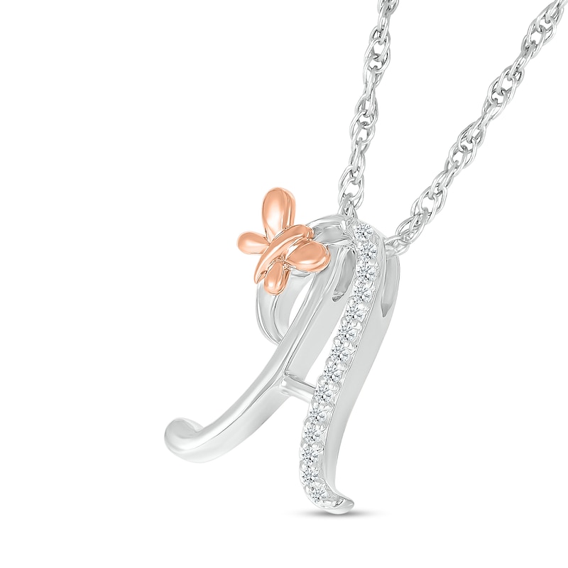 Main Image 2 of 1/20 CT. T.W. Diamond Cursive "A" with Butterfly Pendant in Sterling Silver and 10K Rose Gold
