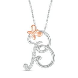 1/20 CT. T.W. Diamond Cursive "B" with Butterfly Pendant in Sterling Silver and 10K Rose Gold
