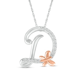 1/20 CT. T.W. Diamond Cursive "D" with Butterfly Pendant in Sterling Silver and 10K Rose Gold