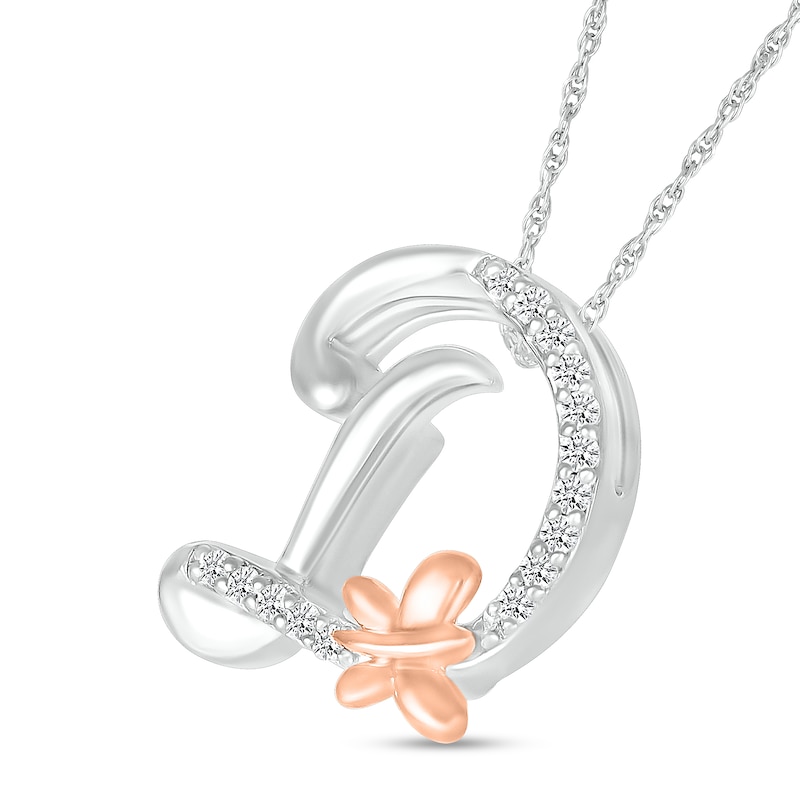 Main Image 2 of 1/20 CT. T.W. Diamond Cursive "D" with Butterfly Pendant in Sterling Silver and 10K Rose Gold