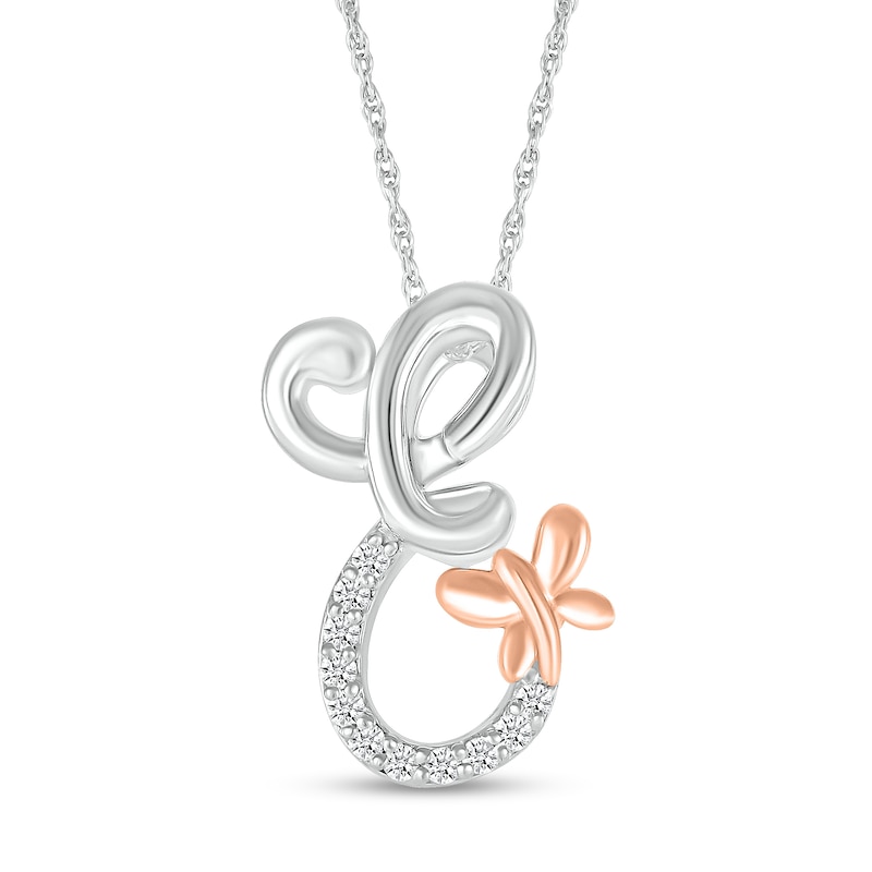 Main Image 1 of 1/20 CT. T.W. Diamond Cursive "E" with Butterfly Pendant in Sterling Silver and 10K Rose Gold
