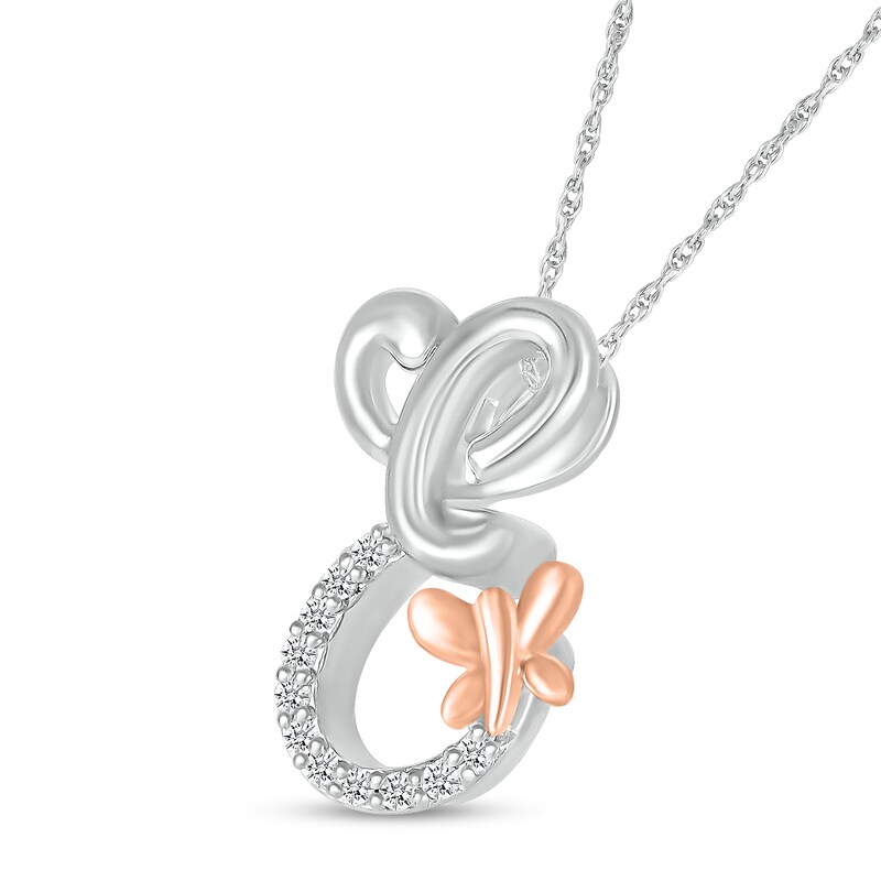 Main Image 2 of 1/20 CT. T.W. Diamond Cursive "E" with Butterfly Pendant in Sterling Silver and 10K Rose Gold