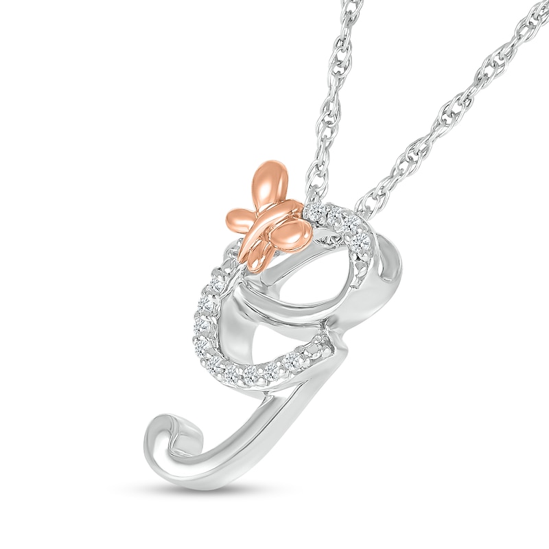 Main Image 2 of 1/20 CT. T.W. Diamond Cursive "G" with Butterfly Pendant in Sterling Silver and 10K Rose Gold
