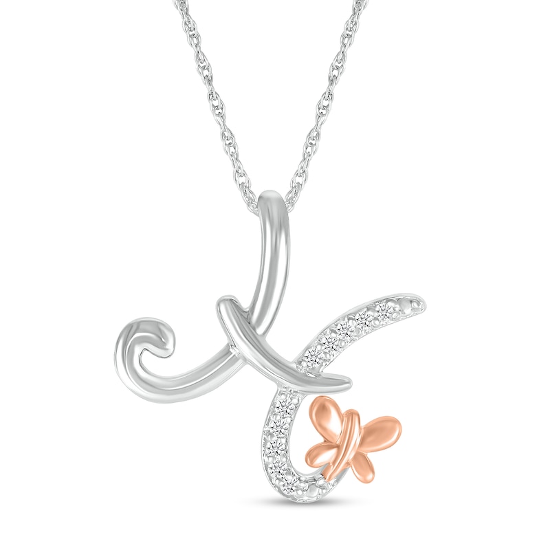 Main Image 1 of 1/20 CT. T.W. Diamond Cursive &quot;H&quot; with Butterfly Pendant in Sterling Silver and 10K Rose Gold