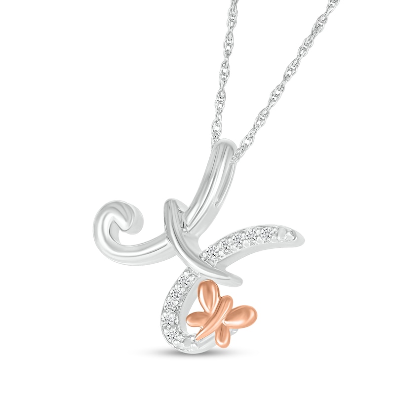 Main Image 2 of 1/20 CT. T.W. Diamond Cursive &quot;H&quot; with Butterfly Pendant in Sterling Silver and 10K Rose Gold