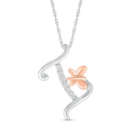1/20 CT. T.W. Diamond Cursive "I" with Butterfly Pendant in Sterling Silver and 10K Rose Gold