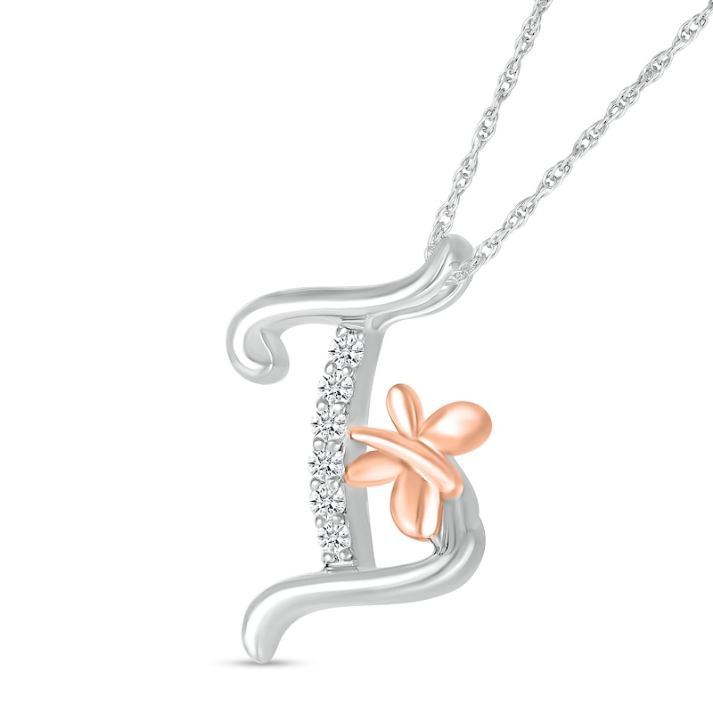 Main Image 2 of 1/20 CT. T.W. Diamond Cursive "I" with Butterfly Pendant in Sterling Silver and 10K Rose Gold