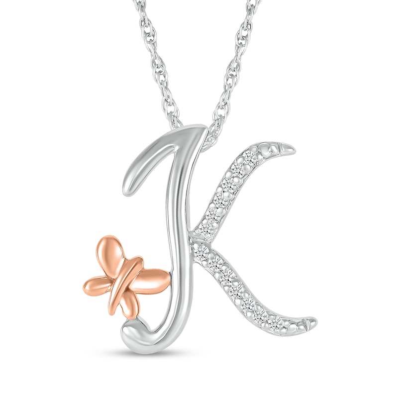 Main Image 1 of 1/20 CT. T.W. Diamond Cursive "K" with Butterfly Pendant in Sterling Silver and 10K Rose Gold