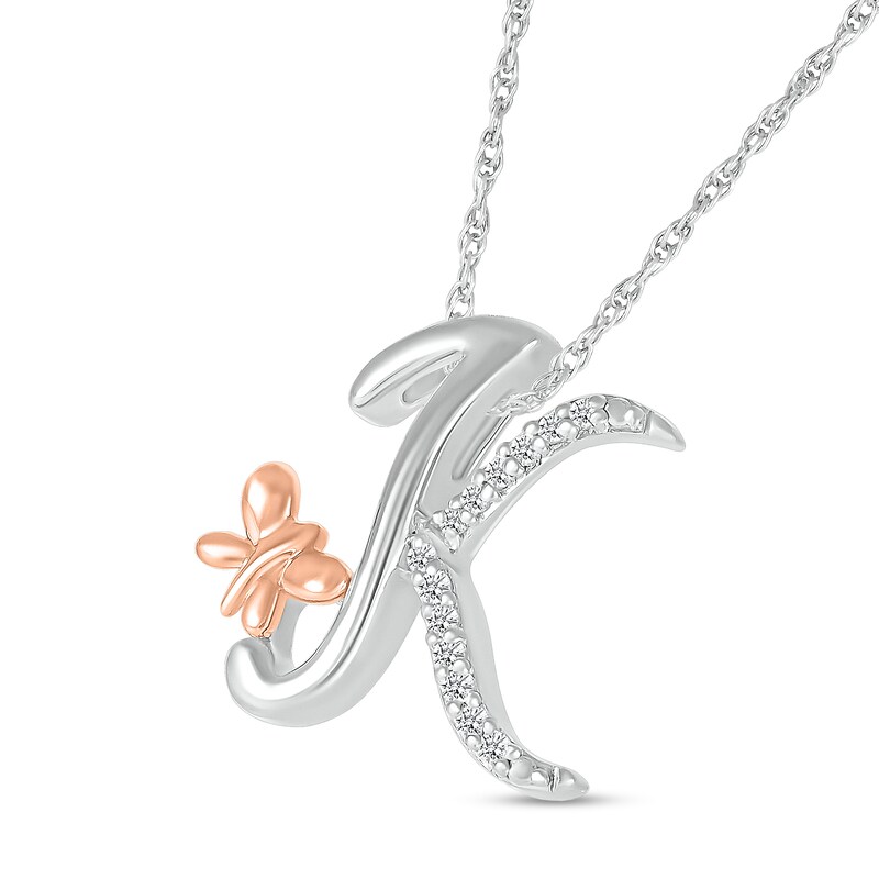 Main Image 2 of 1/20 CT. T.W. Diamond Cursive "K" with Butterfly Pendant in Sterling Silver and 10K Rose Gold