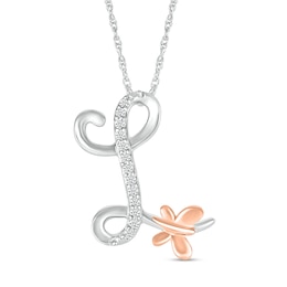 1/20 CT. T.W. Diamond Cursive "L" with Butterfly Pendant in Sterling Silver and 10K Rose Gold