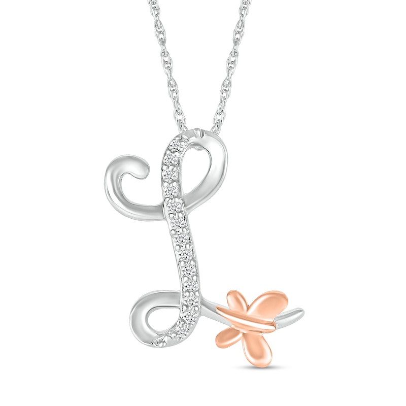 Main Image 1 of 1/20 CT. T.W. Diamond Cursive "L" with Butterfly Pendant in Sterling Silver and 10K Rose Gold