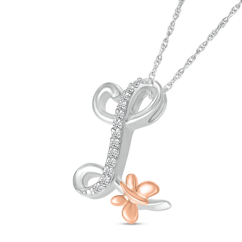 Main Image 2 of 1/20 CT. T.W. Diamond Cursive "L" with Butterfly Pendant in Sterling Silver and 10K Rose Gold