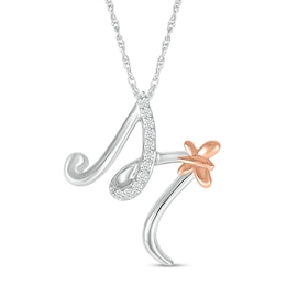 1/20 CT. T.W. Diamond Cursive "M" with Butterfly Pendant in Sterling Silver and 10K Rose Gold