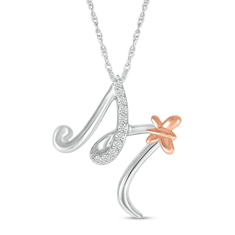 Main Image 1 of 1/20 CT. T.W. Diamond Cursive "M" with Butterfly Pendant in Sterling Silver and 10K Rose Gold