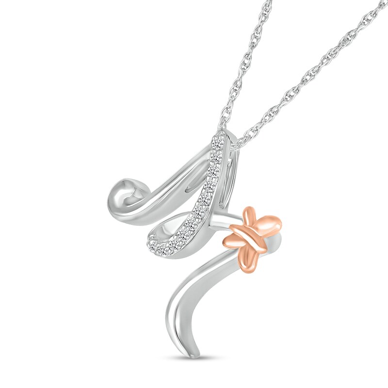 Main Image 2 of 1/20 CT. T.W. Diamond Cursive "M" with Butterfly Pendant in Sterling Silver and 10K Rose Gold