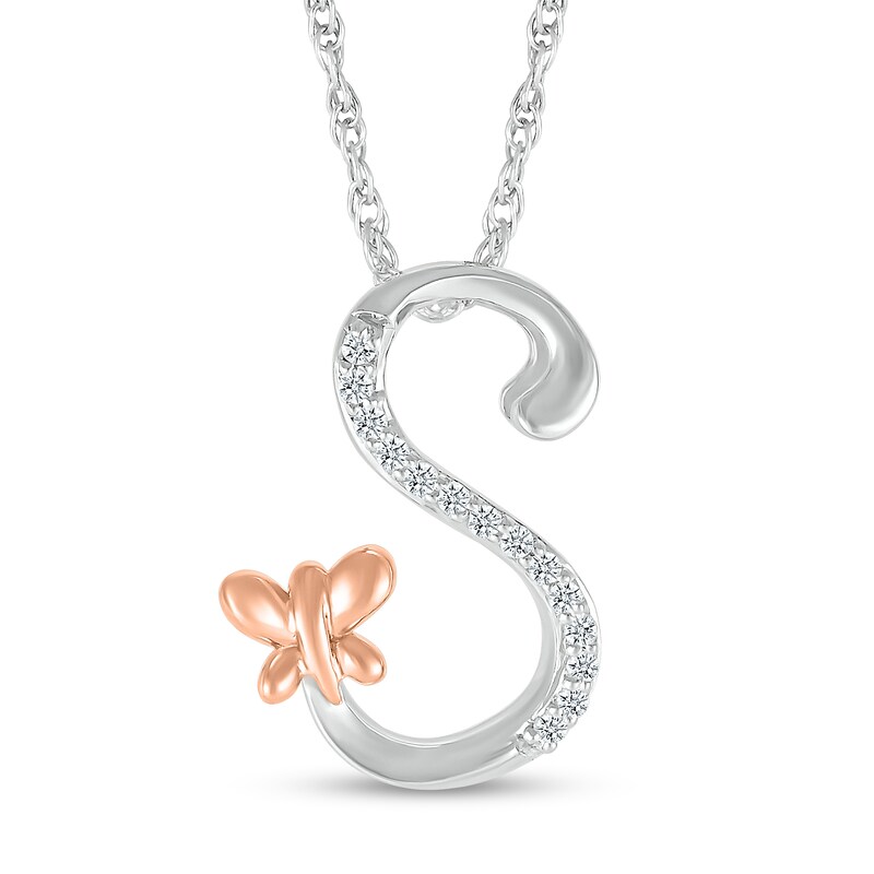 Main Image 1 of 1/20 CT. T.W. Diamond Cursive "S" with Butterfly Pendant in Sterling Silver and 10K Rose Gold
