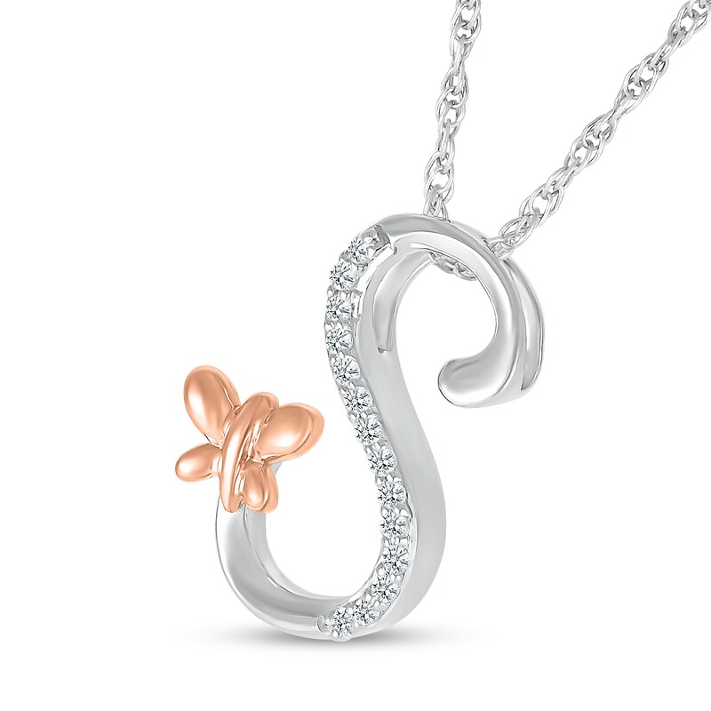 Main Image 2 of 1/20 CT. T.W. Diamond Cursive "S" with Butterfly Pendant in Sterling Silver and 10K Rose Gold