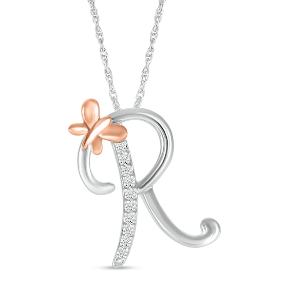 1/20 CT. T.W. Diamond Cursive "R" with Butterfly Pendant in Sterling Silver and 10K Rose Gold