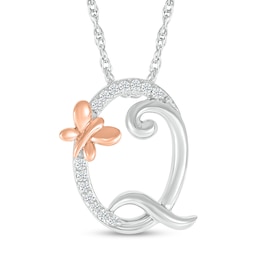 1/20 CT. T.W. Diamond Cursive "Q" with Butterfly Pendant in Sterling Silver and 10K Rose Gold