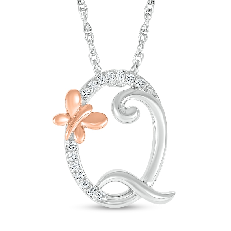 Main Image 1 of 1/20 CT. T.W. Diamond Cursive "Q" with Butterfly Pendant in Sterling Silver and 10K Rose Gold