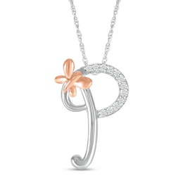 1/20 CT. T.W. Diamond Cursive "P" with Butterfly Pendant in Sterling Silver and 10K Rose Gold
