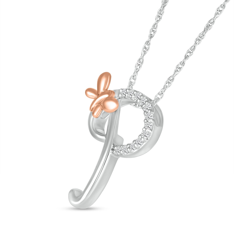 Main Image 2 of 1/20 CT. T.W. Diamond Cursive "P" with Butterfly Pendant in Sterling Silver and 10K Rose Gold