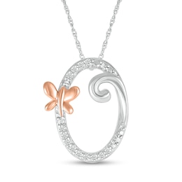1/20 CT. T.W. Diamond Cursive "O" with Butterfly Pendant in Sterling Silver and 10K Rose Gold