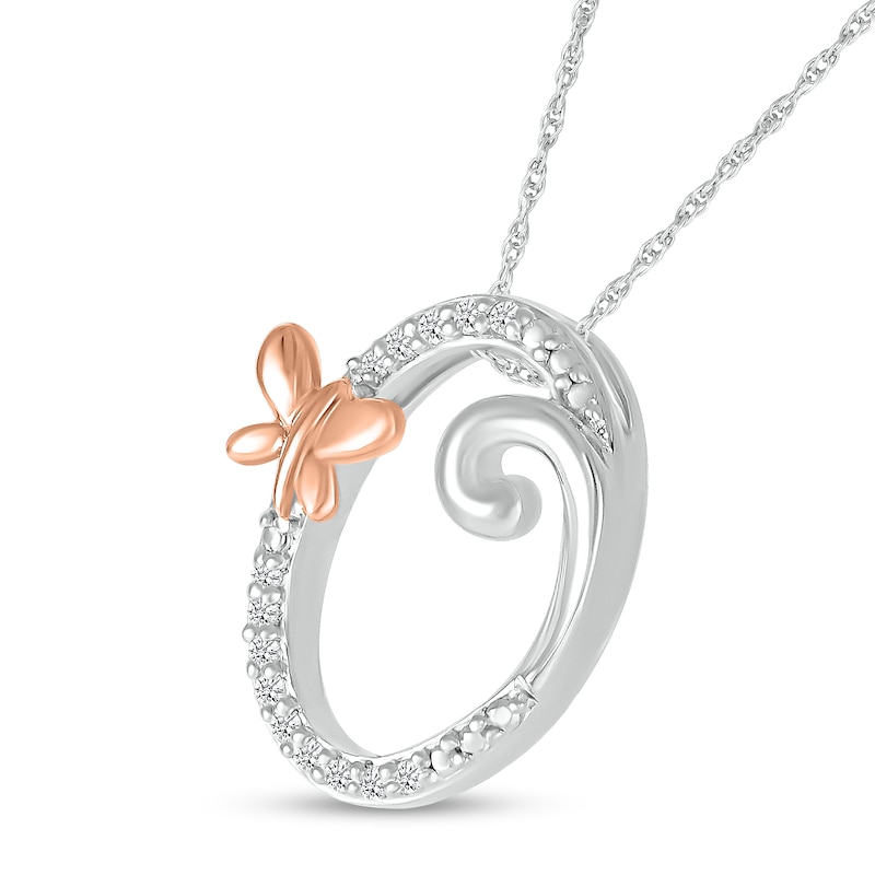 Main Image 2 of 1/20 CT. T.W. Diamond Cursive "O" with Butterfly Pendant in Sterling Silver and 10K Rose Gold