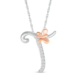 1/20 CT. T.W. Diamond Cursive "T" with Butterfly Pendant in Sterling Silver and 10K Rose Gold