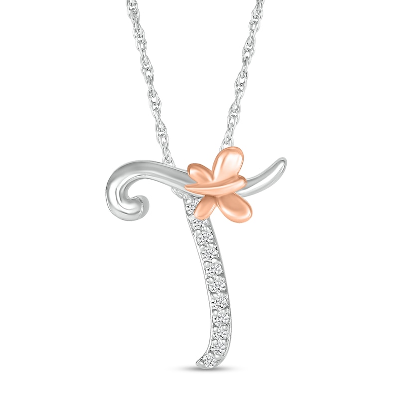 Main Image 1 of 1/20 CT. T.W. Diamond Cursive "T" with Butterfly Pendant in Sterling Silver and 10K Rose Gold