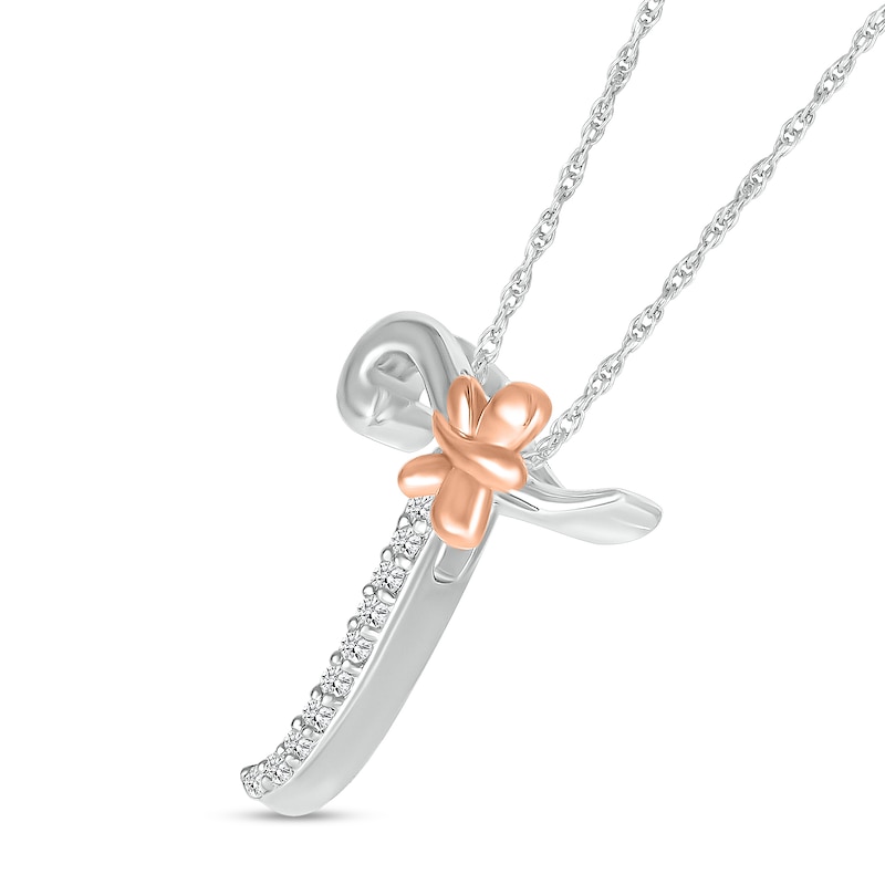 Main Image 2 of 1/20 CT. T.W. Diamond Cursive "T" with Butterfly Pendant in Sterling Silver and 10K Rose Gold