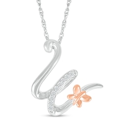 1/20 CT. T.W. Diamond Cursive "W" with Butterfly Pendant in Sterling Silver and 10K Rose Gold