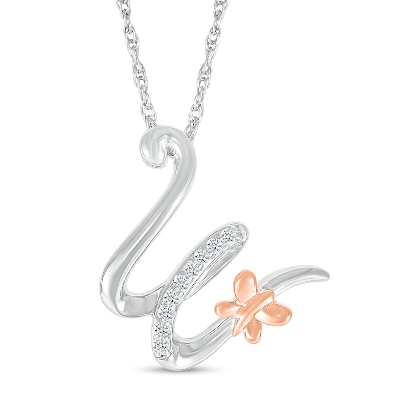 Main Image 1 of 1/20 CT. T.W. Diamond Cursive "W" with Butterfly Pendant in Sterling Silver and 10K Rose Gold