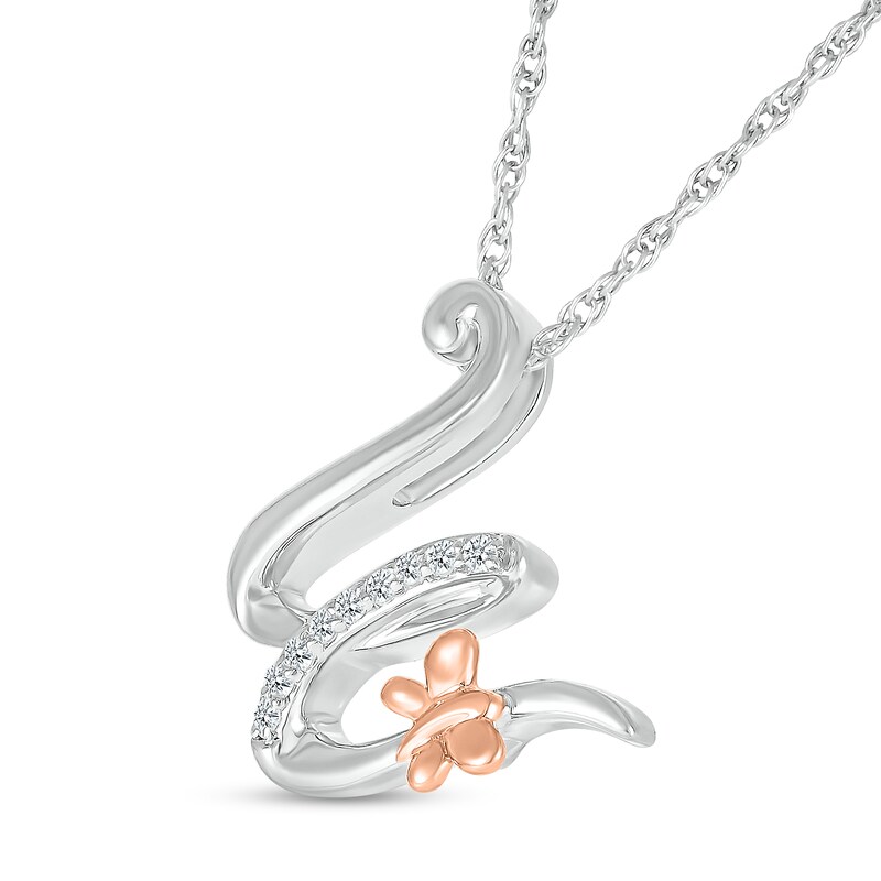 Main Image 2 of 1/20 CT. T.W. Diamond Cursive "W" with Butterfly Pendant in Sterling Silver and 10K Rose Gold