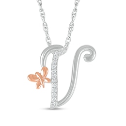 1/20 CT. T.W. Diamond Cursive "V" with Butterfly Pendant in Sterling Silver and 10K Rose Gold