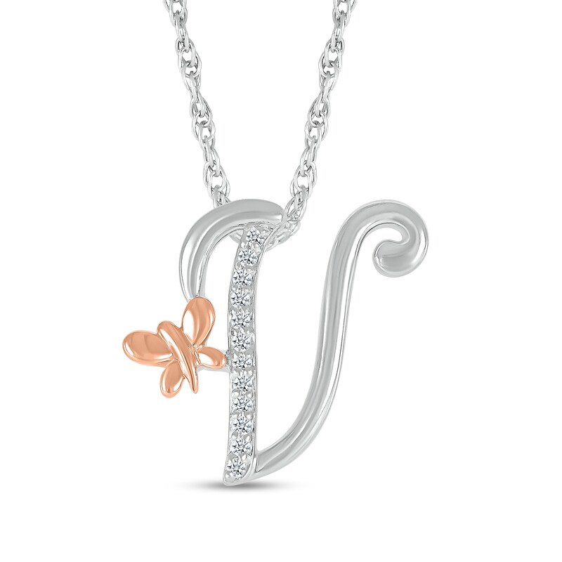 Main Image 1 of 1/20 CT. T.W. Diamond Cursive "V" with Butterfly Pendant in Sterling Silver and 10K Rose Gold