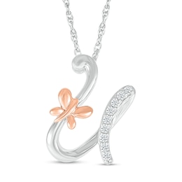 1/20 CT. T.W. Diamond Cursive "U" with Butterfly Pendant in Sterling Silver and 10K Rose Gold