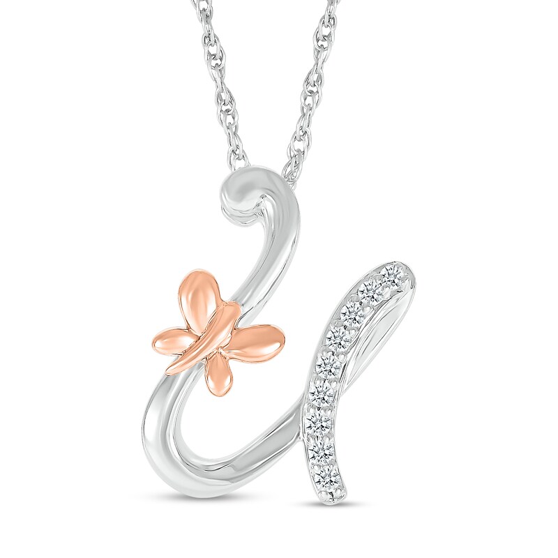 Main Image 1 of 1/20 CT. T.W. Diamond Cursive "U" with Butterfly Pendant in Sterling Silver and 10K Rose Gold