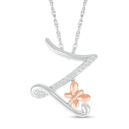 1/20 CT. T.W. Diamond Cursive "Z" with Butterfly Pendant in Sterling Silver and 10K Rose Gold