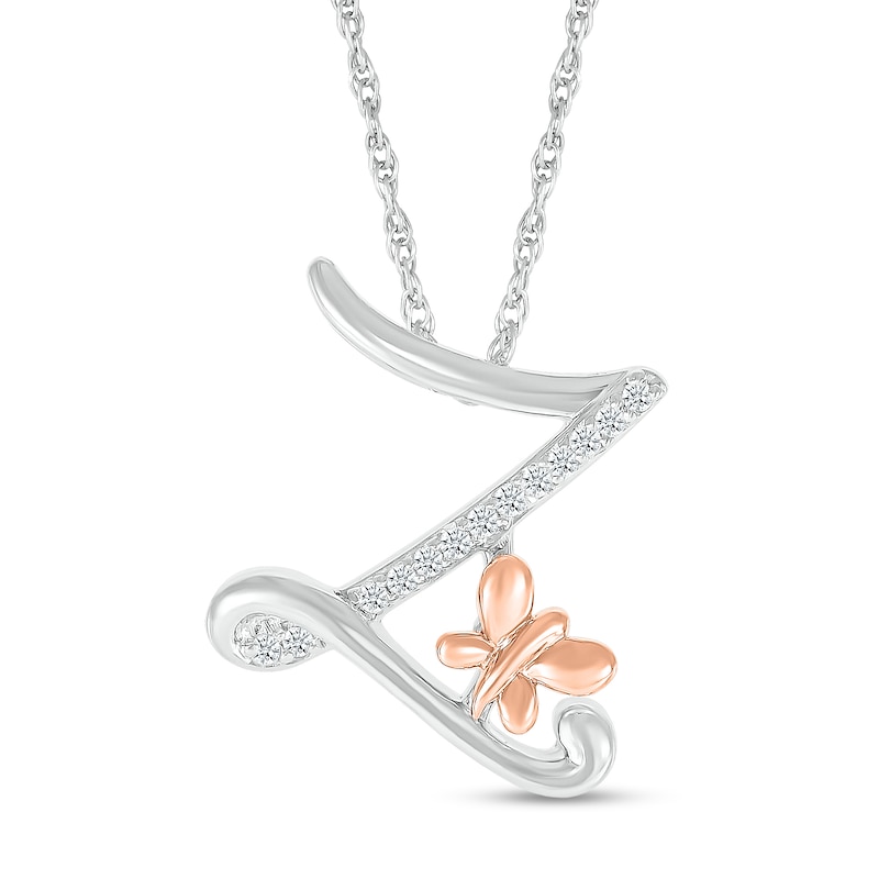 Main Image 1 of 1/20 CT. T.W. Diamond Cursive "Z" with Butterfly Pendant in Sterling Silver and 10K Rose Gold