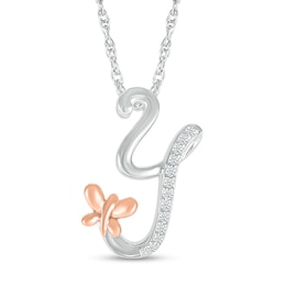 1/20 CT. T.W. Diamond Cursive "Y" with Butterfly Pendant in Sterling Silver and 10K Rose Gold