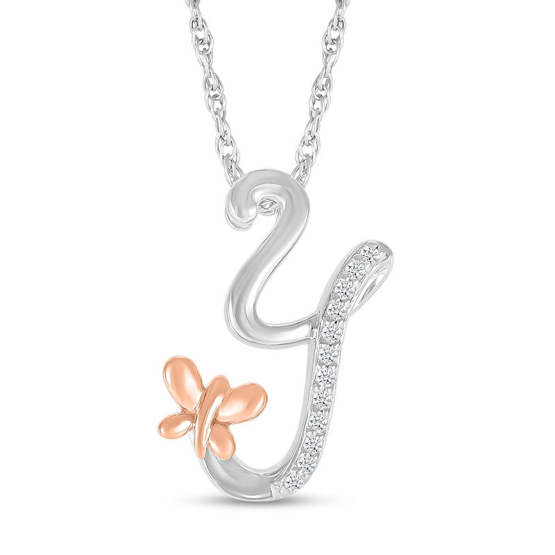 Main Image 1 of 1/20 CT. T.W. Diamond Cursive "Y" with Butterfly Pendant in Sterling Silver and 10K Rose Gold