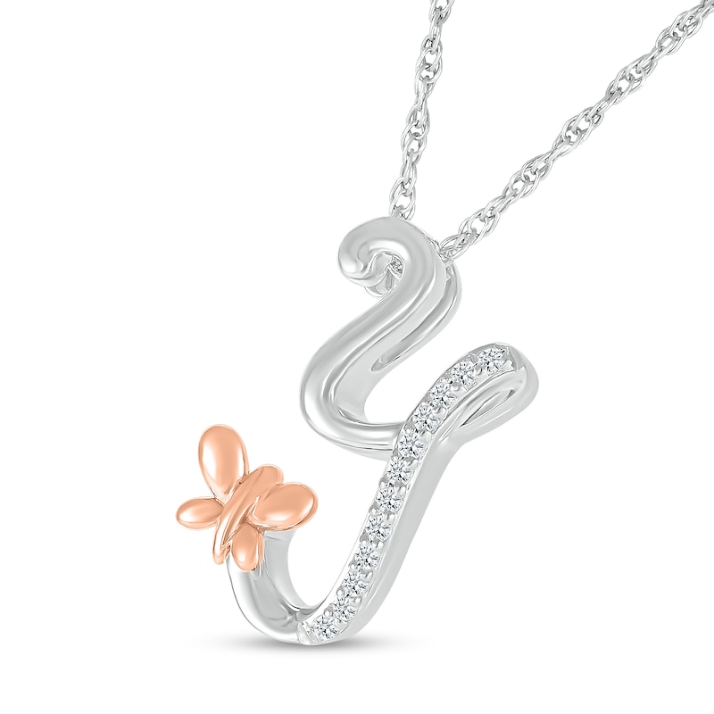 Main Image 2 of 1/20 CT. T.W. Diamond Cursive "Y" with Butterfly Pendant in Sterling Silver and 10K Rose Gold